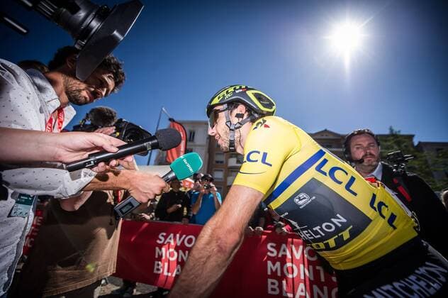 Adam Yates GBR Mitchelton Scott in yellow Jersey of the overall leader of the Criterium du Dauphine 2019 interview Landscape landscape Event Event 71 Criterium du Dauphine 5 Stage Stage 5 Boen sur Lignon to Voiron 201 0 km Place Location Voiron Region Region Auvergne Rhone Alpes Land Country France Date Date 13 06 2019 Cycling Radsport 71 Criterium du Dauphine 5 Stage 13 06 2019