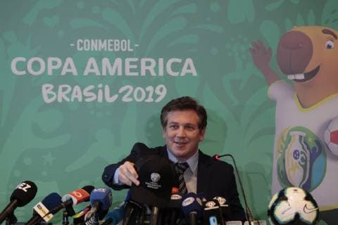 June 13, 2019 - Sao Paulo, Brazil - press conference, PK, Pressekonferenz of ALEJANDRO DOMINGUEZ, President of CONMEBOL, for analysis of the sporting moment and conclusions of the Council of the Confederation, at Four Seasons Hotel in Sao Paulo. Press conference CONMEBOL in Sao Paulo - ZUMAl146 20190613_zaf_l146_004 Copyright: xPauloxLopesx