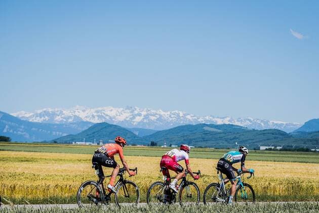 The top group of the day with Yoann Bagot FRA Vital Concept Stephane Rossetto FRA Cofidis Solutions Credits and Alessandro De Marchi ITA CCC Team Action Racing Scene Landscape Landscape Horizontal Event Event 71 Criterium du Dauphine 5 Stage Stage 5 Boen sur Lignon to Voiron 201 0 km Location Voiron Region Auvergne Rhone Alpes Land Country France France Date 13 06 2019 Cycling 71 Criterium du Dauphine 5 Stage 13 06 2019
