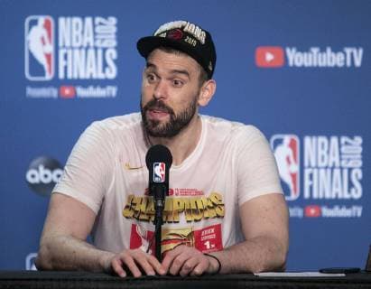 June 13, 2019 - Oakland, California, United States of America - Marc Gasol 33 is interviewed after winning the Larry O Brien Championship Trophy for the Toronto Raptors after defeating the Golden State Warriors on Game 6 of the 2019 NBA, Basketball Herren, USA Finals at ORACLE Arena in Oakland, California on Thursday June 13, 2019. Raptors defeat Warriors, 114-110. JAVIER ROJAS PI Toronto Raptors win the NBA Finals - ZUMAp124 20190613_zaa_p124_051 Copyright: xJavierxRojas Pix