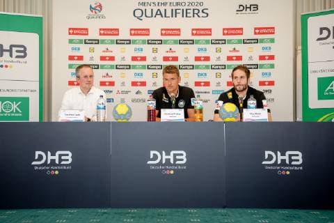14 06 2019 Handball DHB Press Conference German National Team ThHa vrnl Nico Büdel Buedel 45, German National Handball Team DHB Christian Prokop Coach, National Coach, German National Handball Team DHB Tim Oliver Kalle Head of Communications, German Handball Association