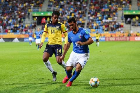 Fußball, U20 WM, Italien - Ecuador 2019.06.14 Gdynia Pilka nozna Mistrzostwa Swiata FIFA U-20 Polska 2019 Wlochy - Ekwador N z Richard Alexander Mina Caicedo Marco Olivieri Foto Piotr Matusewicz PressFocus 2019.06.14 Gdynia Football FIFA U-20 World Cup Poland 2019 Italy - Ecuador Richard Alexander Mina Caicedo Marco Olivieri Credit: Piotr Matusewicz PressFocus NEWSPIX.PL --- Newspix.pl  20190614_PF_PM090