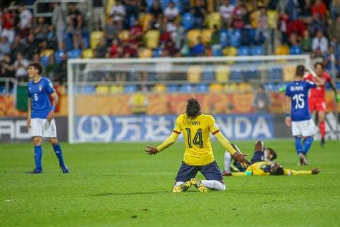 Gdynia, 14.06.2019 Pilka nozna FIFA Mistrzostwa Swiata U20 Polska 2019 Mecz o 3 miejsce Wlochy - Ekwador -- Football FIFA U-20 World Cup Poland 2019 3rd place Match Italy - Equador NZ Richard MINA, radosc, wygrana, wina Fot. Tomasz Rulski 058sport.pl NEWSPIX.PL --- Newspix.pl  20190614_106_RUL_4205