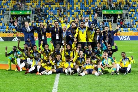 Gdynia, 14.06.2019 Pilka nozna FIFA Mistrzostwa Swiata U20 Polska 2019 Mecz o 3 miejsce Wlochy - Ekwador -- Football FIFA U-20 World Cup Poland 2019 3rd place Match Italy - Equador NZ trener coach Jorge Cesar Fortunato CELICO , Wellington Moises RAMIREZ PRECIADO , Alexander Antonio ALVARADO CARRIEL , Jordan Lenin REZABALA ANZULES , Jackson Gabriel POROZO VERNAZA , Jesus Luis CASTILLO SAA , Sergio Saul QUINTERO CHAVEZ , radosc celebration Fot. Grzegorz Jedrzejewski 058sport.pl NEWSPIX.PL --- Newspix.pl  wlochy-ekwador_20190614_0045_JED