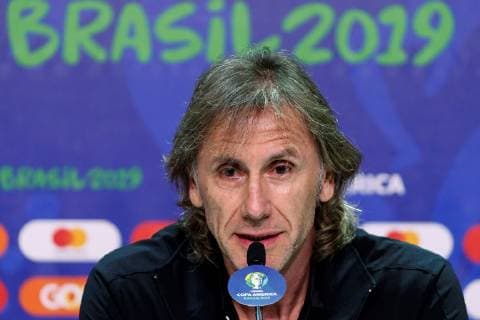 Fußball, Copa America, Nationalteam Peru Pressekonferenz Peru s national soccer team head coach Ricardo Gareca takes part in a press conference, PK, Pressekonferenz at the Arena do Gremio, after a Copa America 2019 training session, in Porto Alegre, Brazil, 14 June 2019. Peru s national soccer team press conference !ACHTUNG: NUR REDAKTIONELLE NUTZUNG!  Copyright: xJosexMendezx COPAME357 20190615-636961587128606602