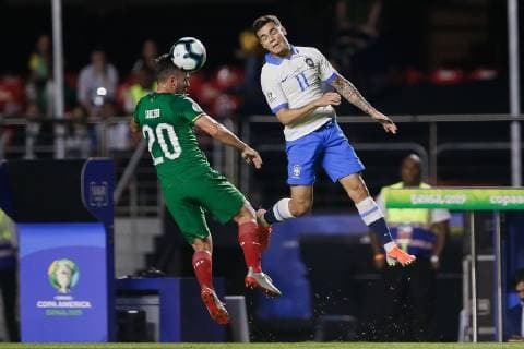 Brazil vs. Bolivia SÃO PAULO, SP - 14.06.2019: BRAZIL VS. BOLIVIA - Fernando Saucedo of Bolivia plays the ball with Philippe Coutinho of Brazil during a match between Brazil and Bolivia, valid for the 2019 Copa America group stage, held this Friday (14) at the Morumbi Stadium in São Paulo, SP. (Photo: Marcelo Machado de Melo Fotoarena) x1747793x  MarceloxMachadoxdexMelo