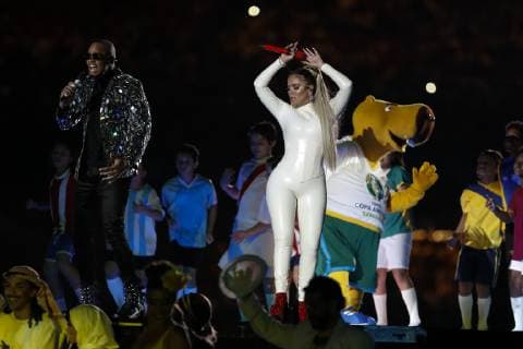 Brazil vs. Bolivia SÃO PAULO, SP - 14.06.2019: BRAZIL VS. BOLIVIA - Léo Santana, Karol G and the mascot Zizito at the opening match of the Copa America 2019 before the match between Brazil and Bolivia, valid for the group stage of the Copa America 2019, held this Friday (14) at the Estádio do Morumbi in São Paulo , SP. (Photo: Ricardo Moreira Fotoarena) x1747908x  RicardoxMoreira