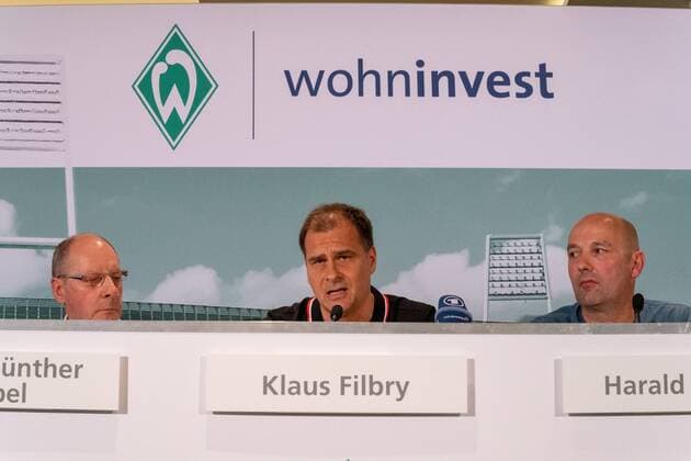 GER, 1 FBL, Werder Bremen Partnership with Wohninvest 14 06 2019, Wohninvest Weserstadion, Bremen, GER, 1 FBL, Werder Bremen Partnership with Wohninvest, Werder Bremen has sold the naming rights for 10 years to Wohninvest in Stuttgart The Stadiuon will in future be called wohninvest Weserstadion Heinz Günther Guenther Zobel BWS Managing Director Klaus Filbry Chairman of the Management Board Commercial Director SV Werder Bremen Harald Panzer Chief Exceutive Officer nordphotoxKokenge nph00001