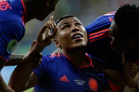 (190616) -- SALVADOR, June 16, 2019 -- Colombia s Roger Martinez (C) celebrates a goal during the Copa America 2019 Group B match between Argentina and Colombia in Salvador, Brazil, June 15, 2019. Colombia won 2-0. ) (SP)BRAZIL-SALVADOR-SOCCER-COPA AMERICA 2019-ARGENTINA VS COLOMBIA FranciscoxCanedo 