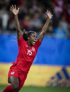 (190616) -- GRENOBLE, June 16, 2019 (Xinhua) -- Nichelle Prince of Canada celebrates during the group E match between Canada and New Zealand at the 2019 FIFA Women s World Cup in Grenoble, France on June 15, 2019. Canada won 2-0. (Xinhua Xiao Yijiu) (SP)FRANCE-GRENOBLE-2019 FIFA WOMEN S WORLD CUP-GROUP E-CANADA VS NEW ZEALAND 