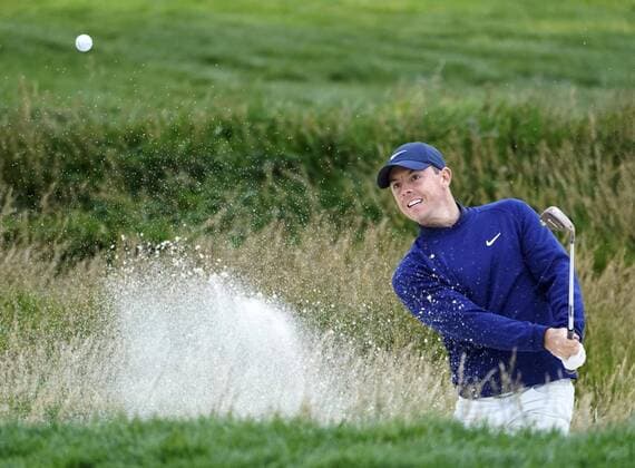 Golf: U.S. Open 3rd round Rory Mcllroy of Britain plays a shot from a bunker on the 17th hole during the third round of the U.S. Open at Pebble Beach Golf Links in Pebble Beach, California, on June 15, 2019. 