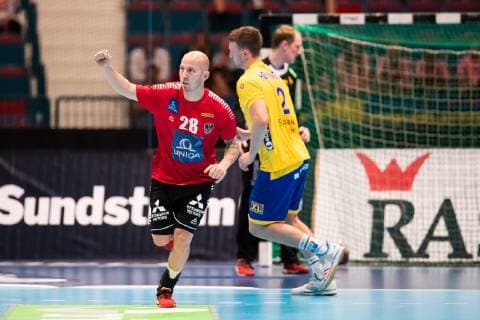190616 Robert Weber of Austria celebrates during the EHF EURO CUP match between Sweden and Austria on June 16, 2019 in Stockholm,  Copyright: ANDREASxLxERIKSSON BB190616AE008
