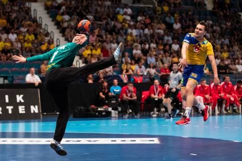 190616 Hampus Wanne of Sweden and goalkeeper Thomas Bauerof Austria during the EHF Euro Cup match between Sweden and Austria on June 16, 2019 in Stockholm Photo Andreas L Eriksson Image agency code AE Cop 106 handball handball ehf euro cup sweden sweden Austria Austria,  Copyright: ANDREASxLxERIKSSON BB190616AE009