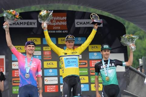16-06-2019 Criterium Du Dauphine Libere; Tappa 08 Cluses - Champery; 2019, Ef Education - First; 2019, Astana; 2019, Bora - Hansgrohe; Van Garderen, Tejay; Fuglsang, Jacob; Buchmann, Emanuel; Champery; 