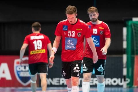 190616 Nikola Bilyk and Fabian Posch of Austria look at the EHF Euro Cup match between Sweden and Austria on June 16, 2019 in Stockholm Photo Andreas L Eriksson Image code code AE Cop 106 handball handball ehf euro cup sweden Sweden Austria Austria deb bbeng,  Copyright: ANDREASxLxERIKSSON BB190616AE026