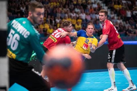 190616 Sebastian Frimmel and Nikola Bilyk defend against Mattias Zachrisson of Sweden during the EHF Euro Cup match between Sweden and Austria on June 16, 2019 in Stockholm Photo Andreas L Eriksson Image agency code AE Cop 106 handball handball ehf euro cup sweden sweden Austria Austria bbeng,  Copyright: ANDREASxLxERIKSSON BB190616AE043