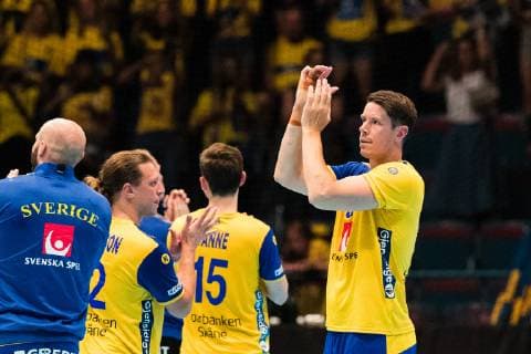 190616 Kim Andersson of Sweden celebrates after the EHF EURO CUP match between Sweden and Austria on June 16, 2019 in Stockholm,  Copyright: ANDREASxLxERIKSSON BB190616AE059