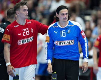 Denmarks goalie Jannick Green with a blood nose gets a rusting blow from Lasse Andersson in the European Championship qualifying championship in mens handball between Denmark and the Faeroese in Jutlander Bank Arena Aalborg, Sunday, June 16, 2019, Aalborg Jutland Denmark,  Copyright: HenningxBagger HenningxBaggerx COP101 spdk20190616-200806-L