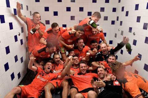 Handball, EM Quali, Niederlande - Lettland Handbal Nederland v Letland 16-06-2019: Handbal: Mannen Nederland v Letland: Lelystad EK2020 kwalificatie, Nederland - Letland Nederland haalt sinds 1961 weer een hoofdtoernooi en viert feest