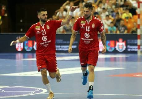 16.06.2019 Novi Sad Serbia-Switzerland 2020 Men s EHF EURO qualify men s handball Vanja ILIC,Bogdan Radivojevic Serbia celebrate during match :Str 