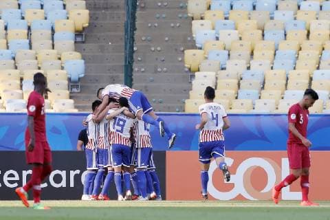 Paraguay s players celebrate after scoring a goal during the Copa America 2019 Group B soccer match between Paraguay and Qatar, at Maracana Stadium in Rio de Janeiro, Brazil, 16 June 2019. Paraguay vs. Qatar !ACHTUNG: NUR REDAKTIONELLE NUTZUNG!  Copyright: xFernandoxMaiax SCA0428 20190616-636963173767502356