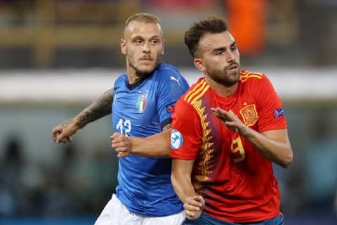 Federico Dimarco of Italy and Borja Mayoral of Spain during the UEFA Under-21 Championship 2019 match at Renato Dall Ara, Bologna. Picture date: 16th June 2019. Picture credit should read: Jonathan Moscrop Sportimage EDITORIAL USE ONLY. No use with unauthorised audio, video, data, fixture lists, club league logos or live services. Online in-match use limited to 120 images, no video emulation. No use in betting, games or single club league player publications. SPI-0100-0017