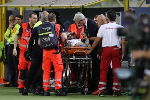 Nicolo Zaniolo of Italy is carried away from the field of play on a stretcher after picking up an injury during the UEFA Under-21 Championship 2019 match at Renato Dall Ara, Bologna. Picture date: 16th June 2019. Picture credit should read: Jonathan Moscrop Sportimage EDITORIAL USE ONLY. No use with unauthorised audio, video, data, fixture lists, club league logos or live services. Online in-match use limited to 120 images, no video emulation. No use in betting, games or single club league player publications. SPI-0100-0030