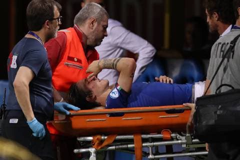 Nicolo Zaniolo of Italy is carried away from the field of play on a stretcher after picking up an injury during the UEFA Under-21 Championship 2019 match at Renato Dall Ara, Bologna. Picture date: 16th June 2019. Picture credit should read: Jonathan Moscrop Sportimage EDITORIAL USE ONLY. No use with unauthorised audio, video, data, fixture lists, club league logos or live services. Online in-match use limited to 120 images, no video emulation. No use in betting, games or single club league player publications. SPI-0100-0033