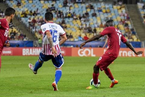 Paraguay vs Qatar RIO DE JANEIRO, RJ - 16.06.2019: PARAGUAY VS QATAR - Al-Moez Abdulla scored a goal during a match between Paraguay and Qatar, valid for the group stage of the Copa América 2019, held this Sunday (16) at the Maracanã Stadium in Rio de Janeiro, RJ. (Photo: Nayra Halm Fotoarena) x1748691x  NayraxHalm