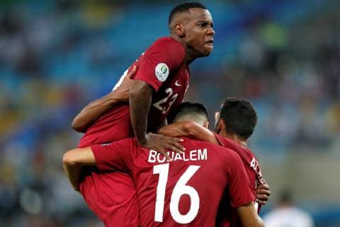 Qatar s players celebrate after scoring a goal during the Copa America 2019 Group B soccer match between Paraguay and Qatar, at Maracana Stadium in Rio de Janeiro, Brazil, 16 June 2019. Paraguay vs. Qatar !ACHTUNG: NUR REDAKTIONELLE NUTZUNG!  Copyright: xAntonioxLacerdax SCA0479 20190616-636963218430871060