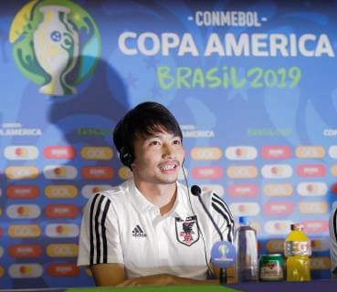 Training of the Japanese Team in São Paulo SÃO PAULO, SP - 16.06.2019: TRAINING OF THE JAPANESE TEAM IN SÃO PAULO - Japan& 39;s Gaku Shibasaki during a press conference, PK, Pressekonferenz before the training of the Japanese Team at thrumbi Stadium in São Paulo, lo, SP. The Japanese team faces tomorrow the selection of Chile for the first match of the Copa America 2019 Group C. (Photo: Marcelo Machado de Melo Fotoarena) x1748716x  MarceloxMachadoxdexMelo