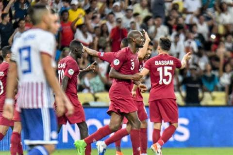Paraguay vs Qatar RIO DE JANEIRO, RJ - 16.06.2019: PARAGUAY VS QATAR - Qatar players celebrate a tie goal scored by Boualem Khoukhi during a match between Paraguay and Qatar, valid for the group stage of the Copa America 2019, held this Sunday (16) at the Maracanã Stadium in Rio de Janeiro, RJ. (Photo: Nayra Halm Fotoarena) x1748728x  NayraxHalm