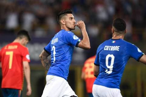 Photo Massimo Paolone LaPresse June 16, 2019 Bologna, Italy soccer Italy vs Spain - UEFA Under 21 Championship Italy 2019 - Group stage final tournament Group A - "Renata Dall Ara" stadium. In the pic: Lorenzo Pellegrini (Italia) celebrates after scoring goal 3-1  Copyright: xMassimoxPaolone LaPressex