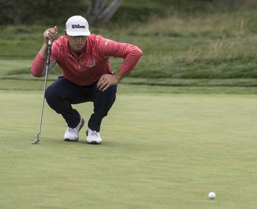 Gary Woodland lines up his birdie putt on the second green on the final day of the U.S. Open in Pebble Beach, California on June 16, 2019. Woodland started the day in the lead at -11.  SXP2019061605 TERRYxSCHMITT
