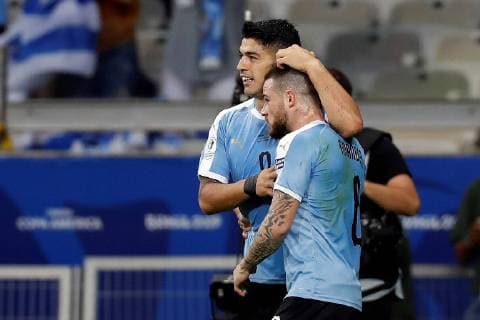Uruguayan Luis Suarez (L) celebrates with his teammate Nahitan Nandez after scoring the 3-0 lead during the Copa America 2019 Group C soccer match between Uruguay and Ecuador, at Mineirao Stadium in Bello Horizonte, Brazil, 16 June 2019. Uruguay vs. Ecuador !ACHTUNG: NUR REDAKTIONELLE NUTZUNG!  Copyright: xJuanxIgnacioxRoncoronix SCA0557 20190617-636963297413371957