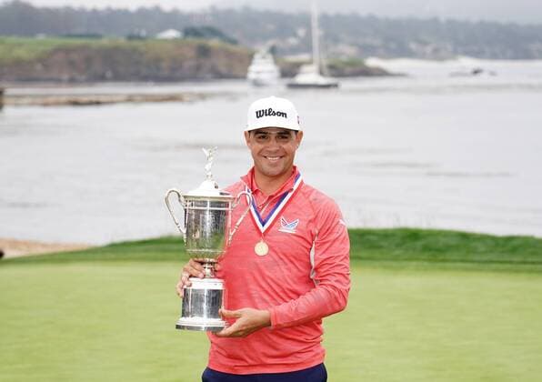 Gary Woodland holds the championship trophy after the final round of the 2019 U.S. Open at Pebble Beach Golf Links on June 16, 2019 in Pebble Beach, California. Gary Woodland wins the 2019 U.S. Open and his first major championship with a score of 13 under par.  PBP201906168901 KEVINxDIETSCH