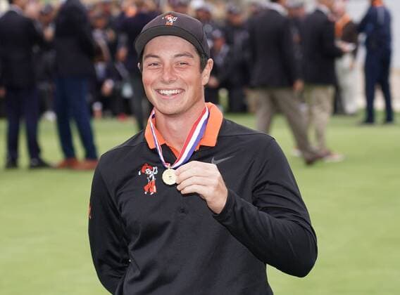 Viktor Holand holds the medal for low amauture after the final round of the 2019 U.S. Open at Pebble Beach Golf Links on June 16, 2019 in Pebble Beach, California. Gary Woodland wins the 2019 U.S. Open and his first major championship with a score of 13 under par.  PBP201906168921 KEVINxDIETSCH