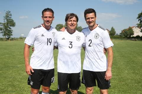 Three former players from 1 FC Magdeburg Fabian Burdenski,Michael Oenning,Marcel Maltritz v left ,Germany Century Game on the occasion of 100 years Sport Community Nordgermersleben SG Eintracht Nordgermersleben vs DFB Allstars National Team on the sports field in Nordgermersleben Aktion,Germany, Football, Man, Men,15 06 2019
