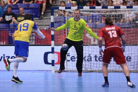 Zaverecne utkani skupiny 5 kvalifikace o postup na ME 2020 hazenkaru mezi Ceskou republikou a Bosnou a Hercegovinou, 16. cervna 2019 v Ostrave. Zleva Nikola Prce z Bosny a Hercegoviny a Tomas Mrkva a Pavel Horak z Ceske republiky. CTKPhotoP201906160542101  SZN 22