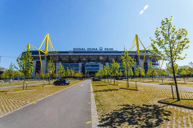 DEU, Germany, North Rhine-Westphalia, Dortmund, 21 04 2019 Signal Iduna Park until 2005 Westfalenstadion , since 1974 venue of Borussia Dortmund Ballspielverein Borussia 09 e V Dortmund, BVB, BVB 09 Exterior view The stadium is the venue for the 37th Protestant Church Day