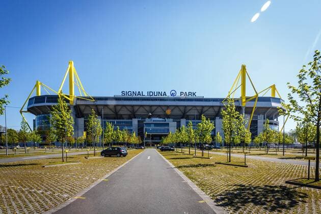 DEU, Germany, North Rhine-Westphalia, Dortmund, 21 04 2019 Signal Iduna Park until 2005 Westfalenstadion , since 1974 venue of Borussia Dortmund Ballspielverein Borussia 09 e V Dortmund, BVB, BVB 09 Exterior view The stadium is the venue for the 37th Protestant Church Day