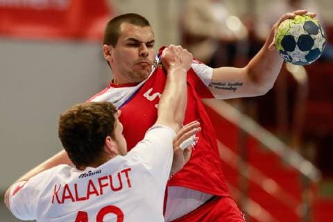 June 16, 2019 - Saint Petersburg, Russia - Dmitrii Kiselev (R) of Russia and Dominik Kalafut of Slovakia in action during 2020 Men s European Championship, EM, Europameisterschaft Qualifiers match between Russia and Slovakia on June 16, 2019 at Sibur Arena in Saint Petersburg, Russia. Russia v Slovakia - 2020 Men s EHF Euro Qualifiers  - ZUMAn230 20190616_zaa_n230_920 Copyright: xMikexKireevx
