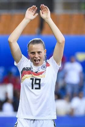 17 06 2019, xkvx, Womens Football World Cup in France, South Africa Germany emspor, v l German women footballers celebrate victory after match Klara Buehl German National Football Team DFB Montpellier
