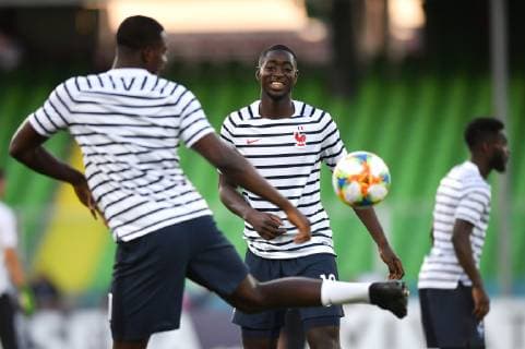 Photo Massimo Paolone LaPresse June 18, 2019 Cesena, Italy soccer England vs France - UEFA Under 21 Championship Italy 2019 - Group stage final tournament Group C - "Dino Manuzzi" stadium. In the pic: Jean Philippe Mateta (Francia) and Ibrahima Sissoko (Francia) during France warm up  Copyright: xMassimoxPaolone LaPressex