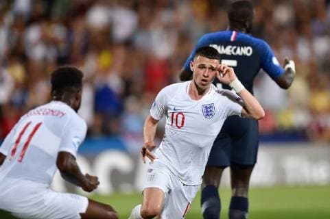 Phil Foden of England celebrates scoring first goal during the 2019 UEFA EURO, EM, Europameisterschaft,Fussball U-21 Championship match between England U-21 and France U-21 at Orogel Stadium Dino Manuzzi , Cesena, Italy on 18 June 2019. Copyright: xGiuseppexMaffiax 24260038