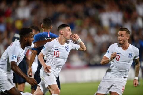Phil Foden of England celebrates scoring first goal during the 2019 UEFA EURO, EM, Europameisterschaft,Fussball U-21 Championship match between England U-21 and France U-21 at Orogel Stadium Dino Manuzzi , Cesena, Italy on 18 June 2019. Copyright: xGiuseppexMaffiax 24260040