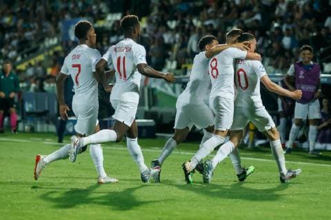 Cesena, Italy, 18 06 2019, UEFA U 21 European Championship Italy 2019, Group stage, Group C, England France, cheer, goal celebration for Phil Foden GBR after the 1-0 goal Defodi 01048 182392 Defodi-048