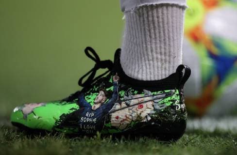 The boots of James Maddison in honour of best friend Sophie Taylor, five, who died in January after battle with bone cancer during the UEFA Under-21 Championship 2019 match at Dino Manuzzi, Cesena. Picture date: 18th June 2019. Picture credit should read: Jonathan Moscrop Sportimage EDITORIAL USE ONLY. No use with unauthorised audio, video, data, fixture lists, club league logos or live services. Online in-match use limited to 120 images, no video emulation. No use in betting, games or single club league player publications. SPI-0101-0032