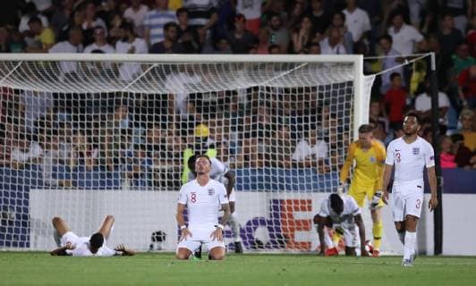 England players slump to the ground following FranceÕs winning goal in extra Tim during the UEFA Under-21 Championship 2019 match at Dino Manuzzi, Cesena. Picture date: 18th June 2019. Picture credit should read: Jonathan Moscrop Sportimage EDITORIAL USE ONLY. No use with unauthorised audio, video, data, fixture lists, club league logos or live services. Online in-match use limited to 120 images, no video emulation. No use in betting, games or single club league player publications. SPI-0101-0039