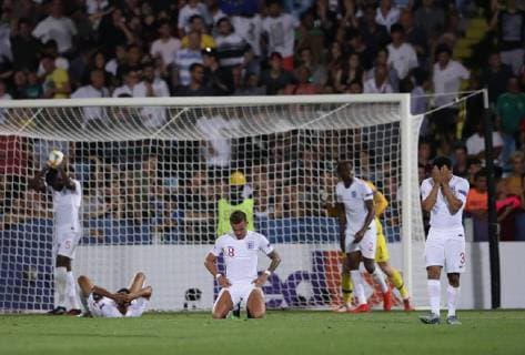 England players slump to the ground following FranceÕs winning goal in extra Tim during the UEFA Under-21 Championship 2019 match at Dino Manuzzi, Cesena. Picture date: 18th June 2019. Picture credit should read: Jonathan Moscrop Sportimage EDITORIAL USE ONLY. No use with unauthorised audio, video, data, fixture lists, club league logos or live services. Online in-match use limited to 120 images, no video emulation. No use in betting, games or single club league player publications. SPI-0101-0041